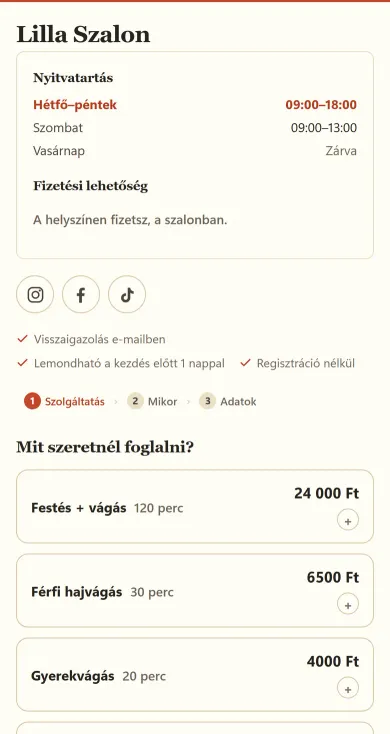 Foglalóoldal telefonon: nyitvatartás, foglalási lépések, szolgáltatások listája
